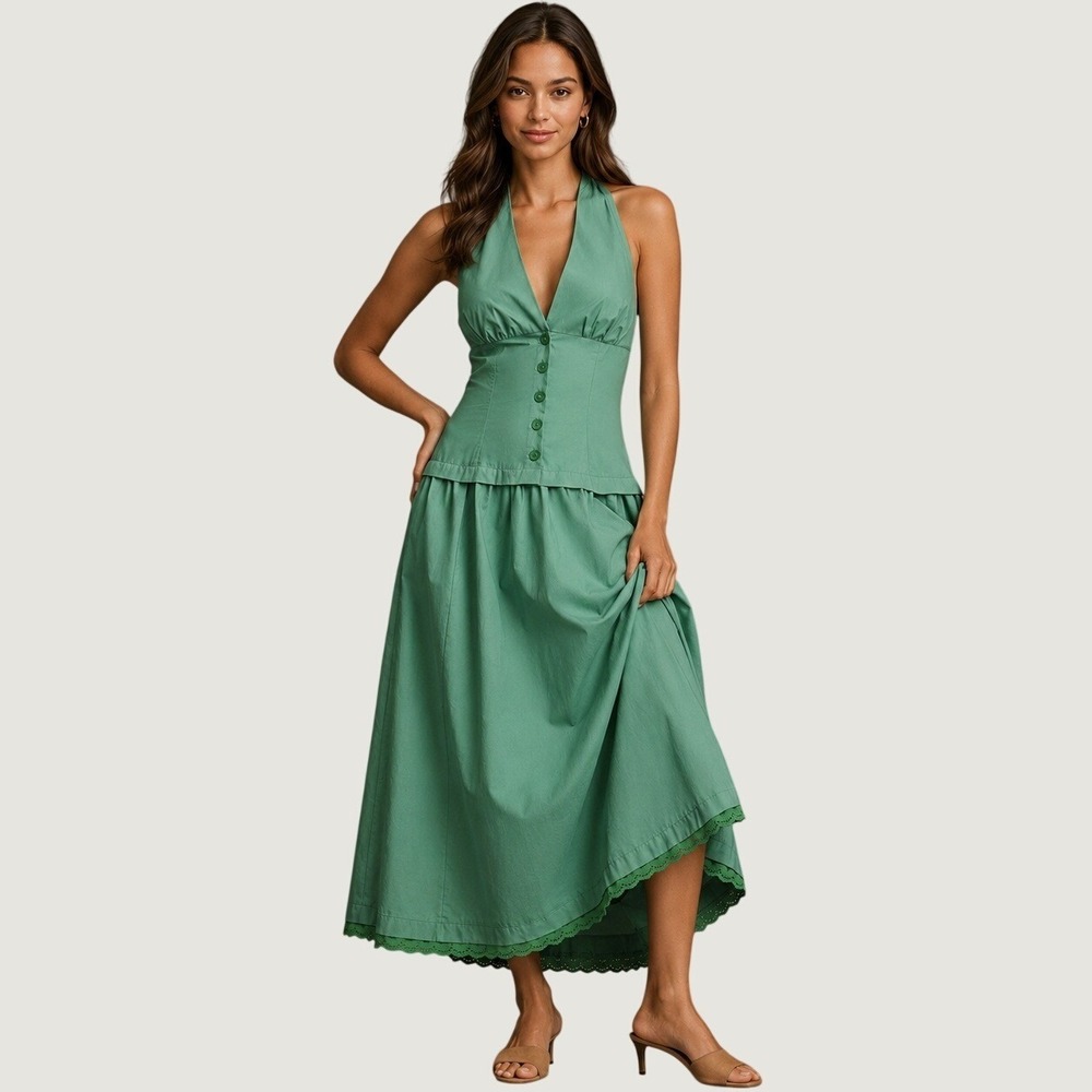 Anthropologie Maeve Midi Dress Green Halter V Neck Drop Waist Preppy Size LP